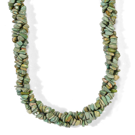 D''Joy Green Turquoise 355.00 ctw Chips 3 Row Twisted Necklace (22 Inches) in Rhodium Over Sterling Silver
