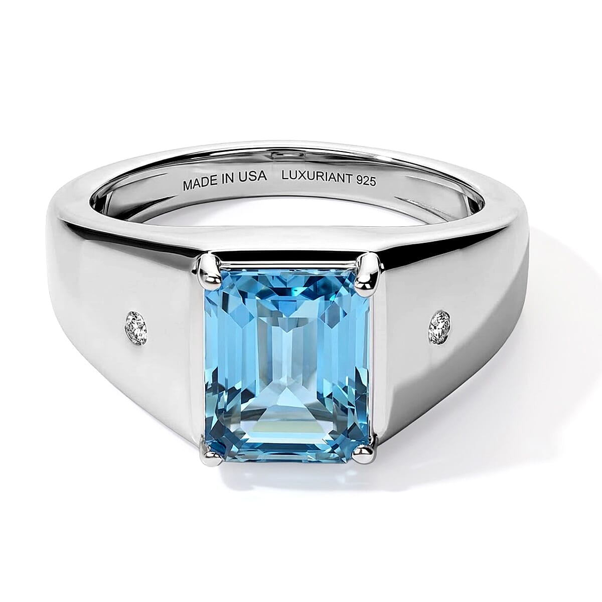 Premium Swiss Blue Topaz, Luxuriant Lab Grown Diamond (E-F, VS) Men''s Ring in Rhodium Over Sterling Silver (Size 10.0) 3.90 ctw