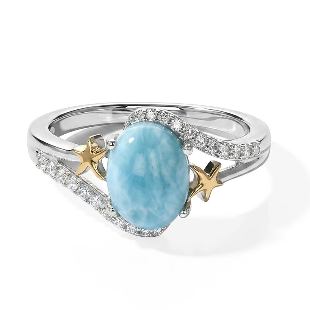 D''Joy AAA Larimar and Moissanite 2.60 ctw Ring in 18K Vermeil YG and Rhodium Over Sterling Silver (Size 7.0)