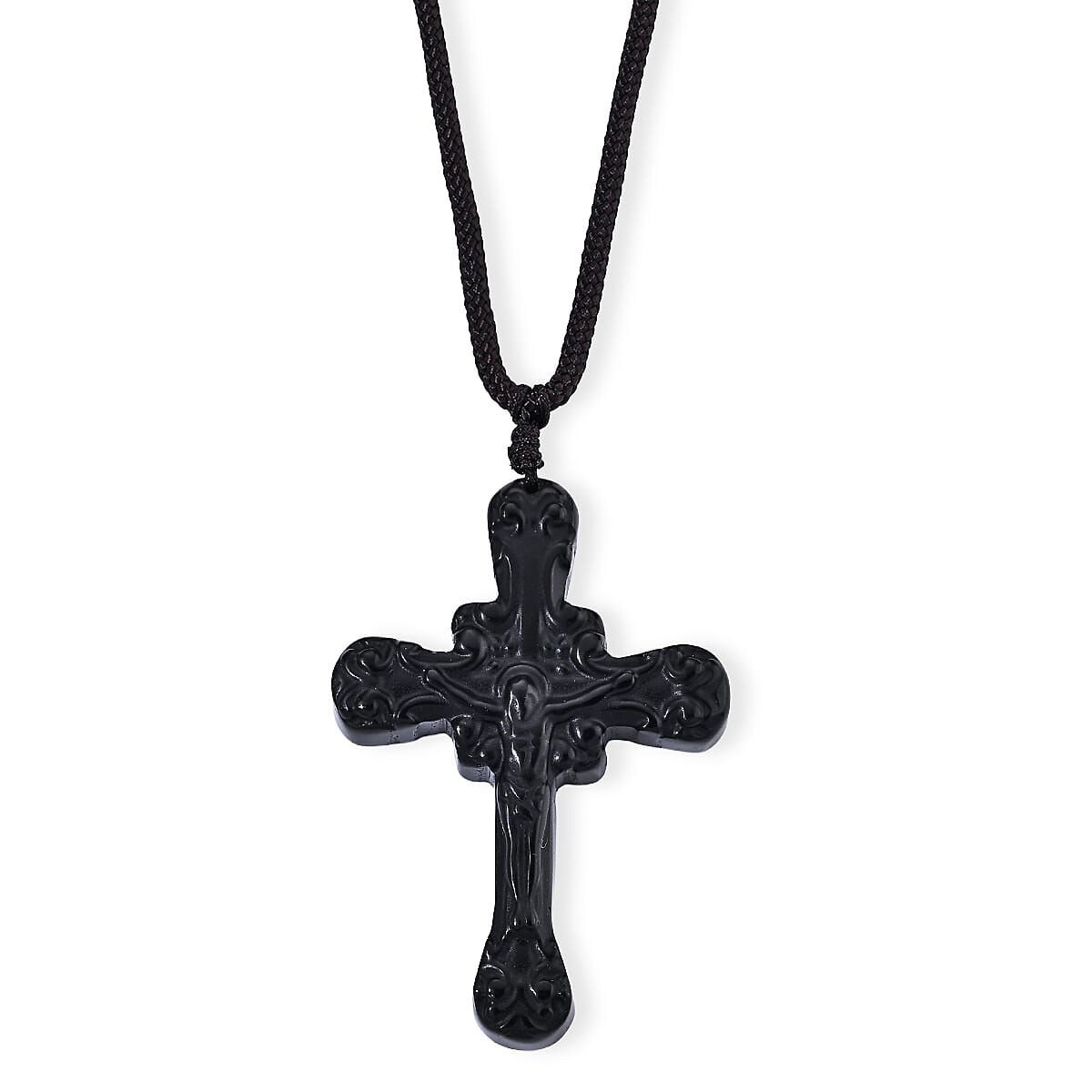 Black Obsidian 63.00 ctw Wolf Pendant Woven Necklace (26 Inches)
