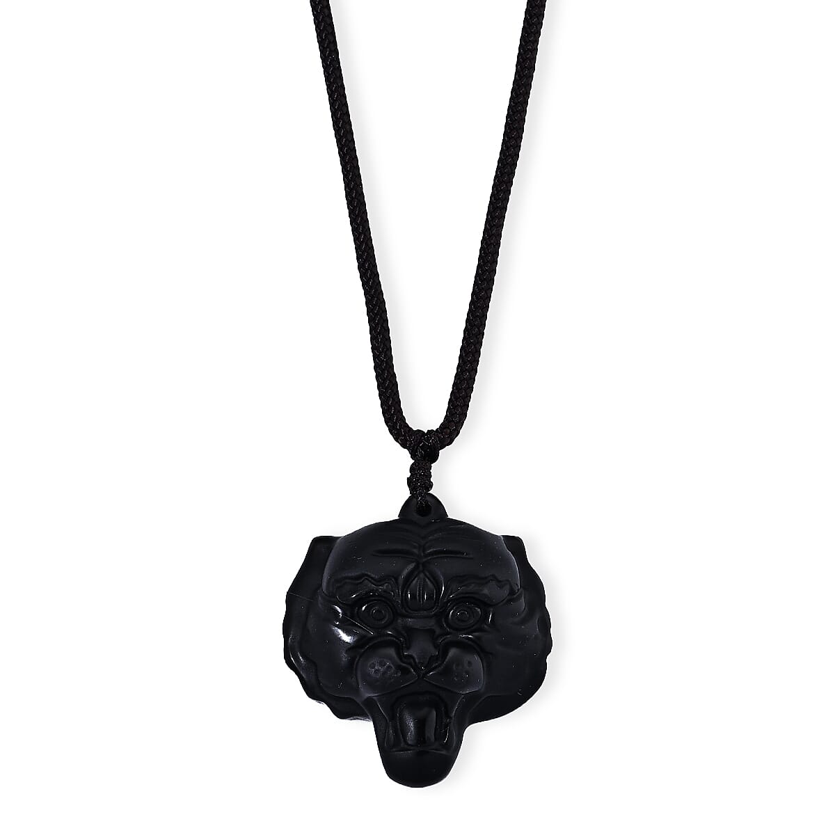 Black Obsidian 63.00 ctw Wolf Pendant Woven Necklace (26 Inches)