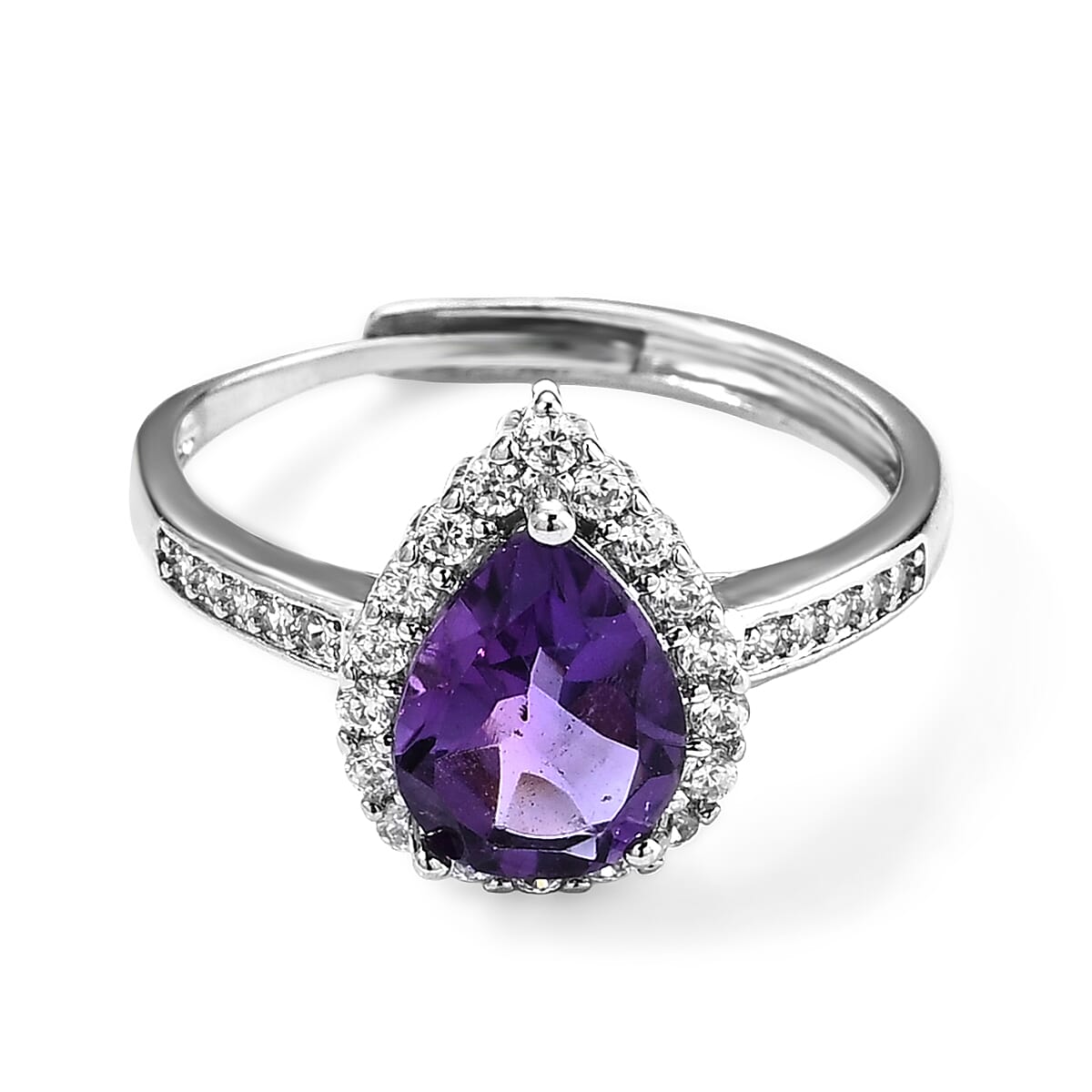African Amethyst and Simulated Diamond 3.50 ctw Ring Silvertone (Adjustable)