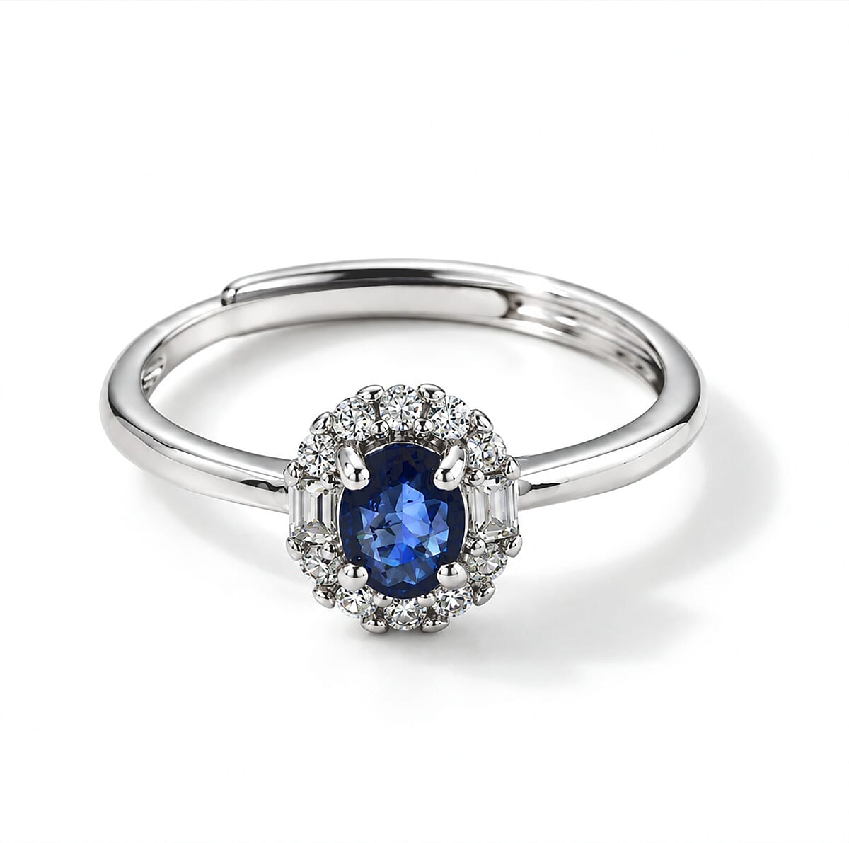 Blue Sapphire and Simulated Diamond 1.00 ctw Ring in Silvertone (Adjustable)