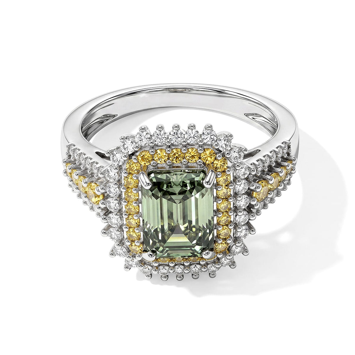 D'Joy Green Moissanite (Oct 8x6mm), Multi Gemstone Ring in Rhodium Over Sterling Silver (Size 10.0) 2.80 ctw
