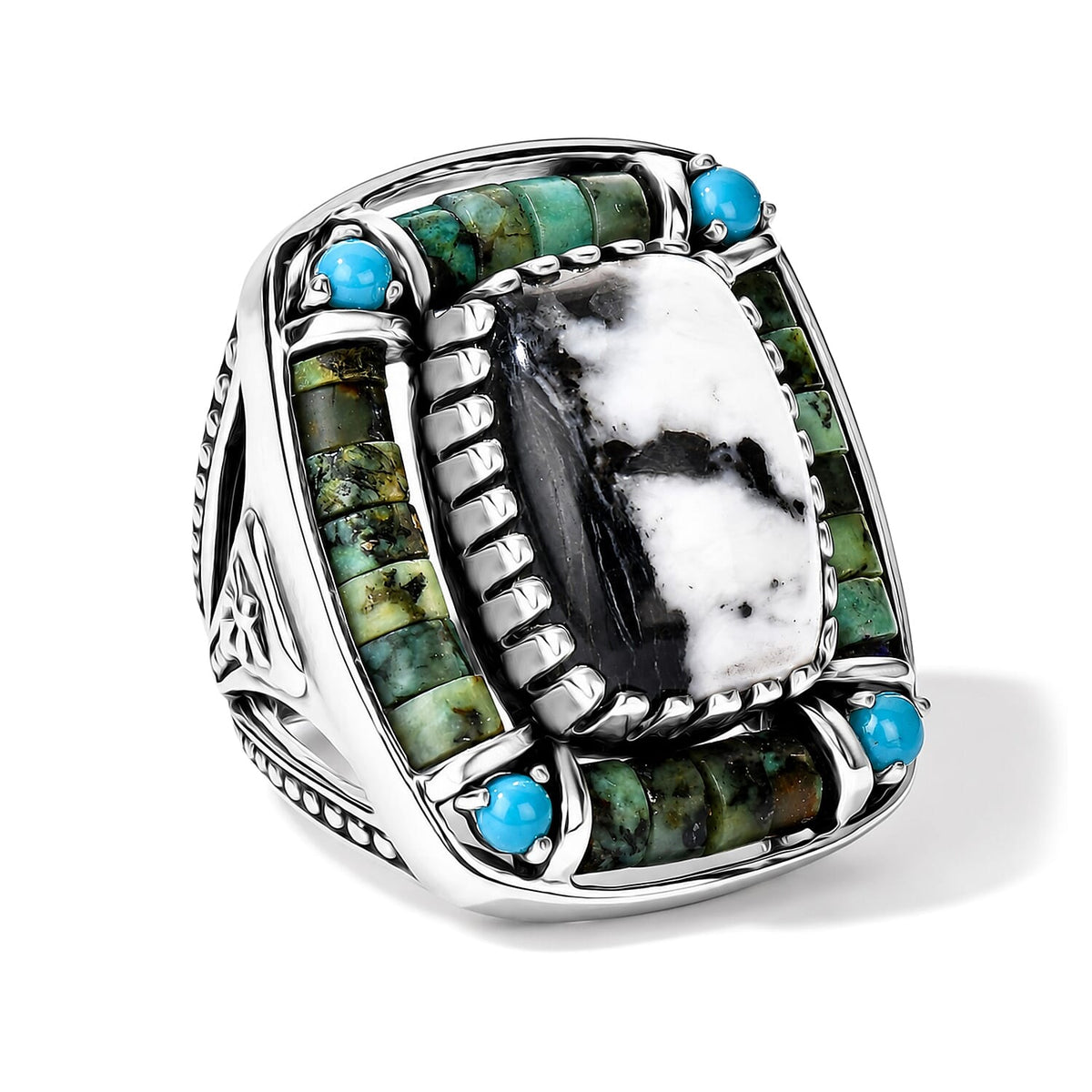 D''Joy Artisan Crafted Premium White Buffalo and Multi Gemstone 24.50 ctw Ring in Sterling Silver (Size 7.0)