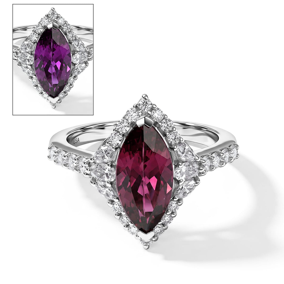 Certified and Appraised D''Joy Premium Usambara Color Change Garnet, Moissanite Ring in Rhodium Over Sterling Silver (Size 10.0) 2.80 ctw