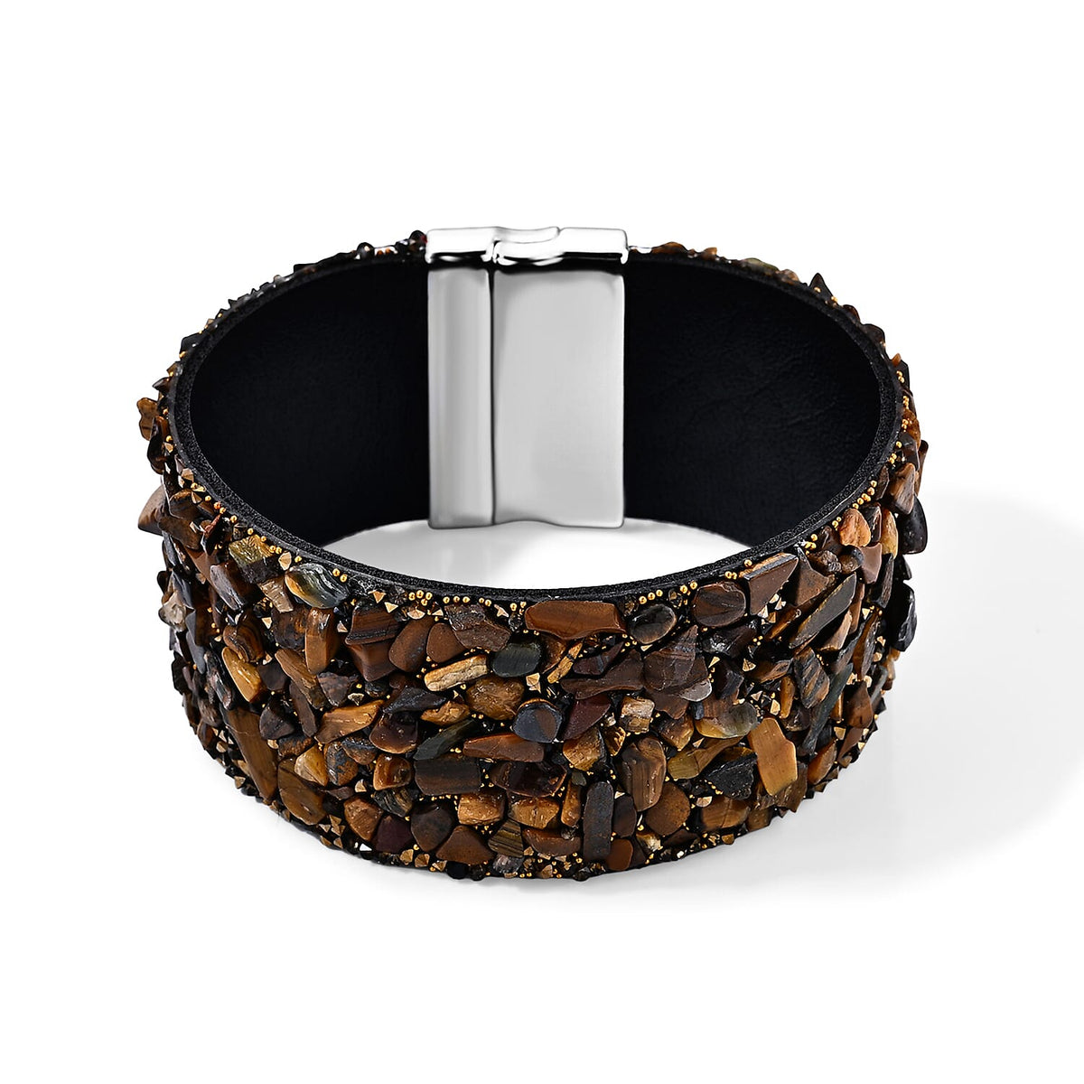 Yellow Tigers Eye 20.00 ctw and Grey Austrian Crystal Leather Bracelet in Silvertone (7.25 In)