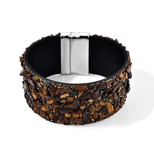 Yellow Tigers Eye 20.00 ctw and Grey Austrian Crystal Leather Bracelet in Silvertone (7.25 In)