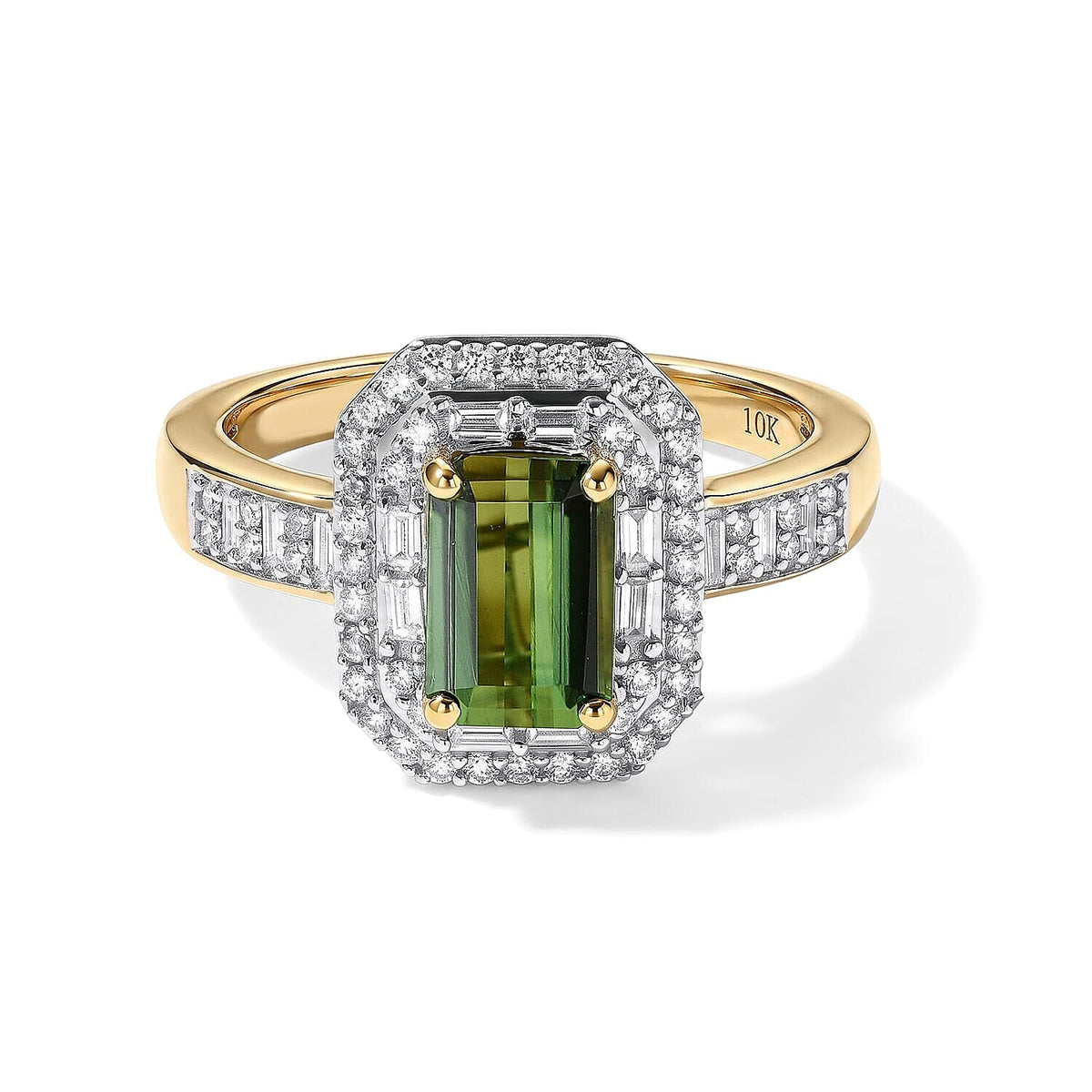 Luxoro AAA Sapo Green Tourmaline and Diamond I2 2.10 ctw Ring in 10K Yellow Gold (Size 10.0) 4.05 Grams