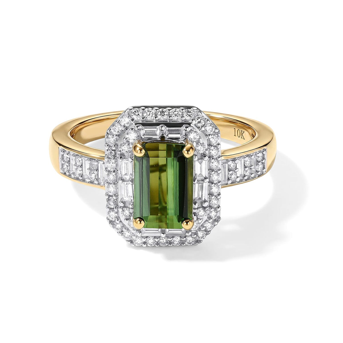 Luxoro AAA Sapo Green Tourmaline and Diamond I2 2.10 ctw Ring in 10K Yellow Gold (Size 10.0) 4.05 Grams