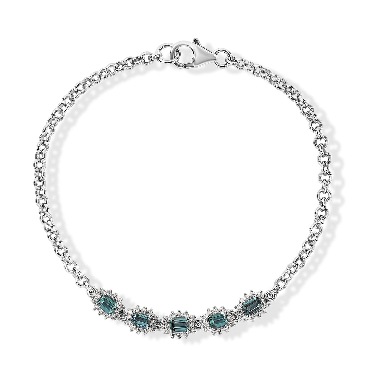 D''Joy AAA Monte Belo Indicolite, Moissanite Bracelet in Rhodium Over Sterling Silver (7.25 In) 1.60 ctw