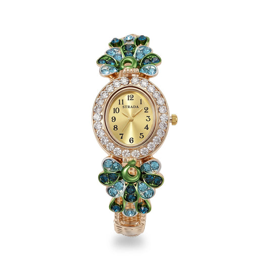 Strada Multi Color Austrian Crystal and Multi Color Enameled SL68 Quartz Movement Bangle Watch in Goldtone (7.00 In)