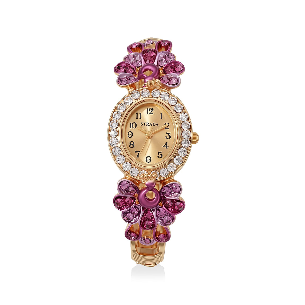 Strada Multi Color Austrian Crystal and Multi Color Enameled SL68 Quartz Movement Bangle Watch in Goldtone (7.00 In)