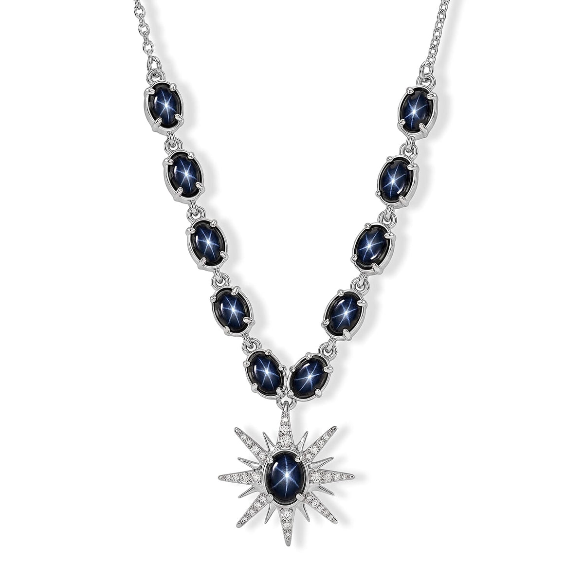D''Joy Premium Blue Star Sapphire (DF) and Moissanite 9.20 ctw Necklace (18-20 Inches) in Rhodium Over Sterling Silver