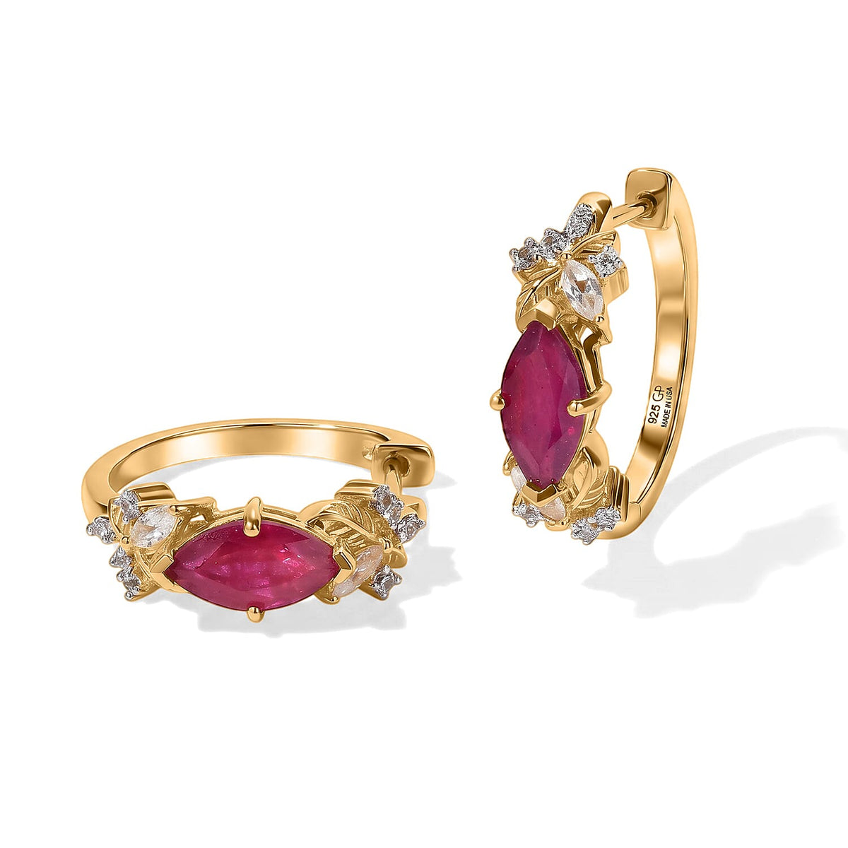GP Ruby and White Zircon 3.50 ctw Hoop Earrings in 18K Vermeil Yellow Gold Over Sterling Silver