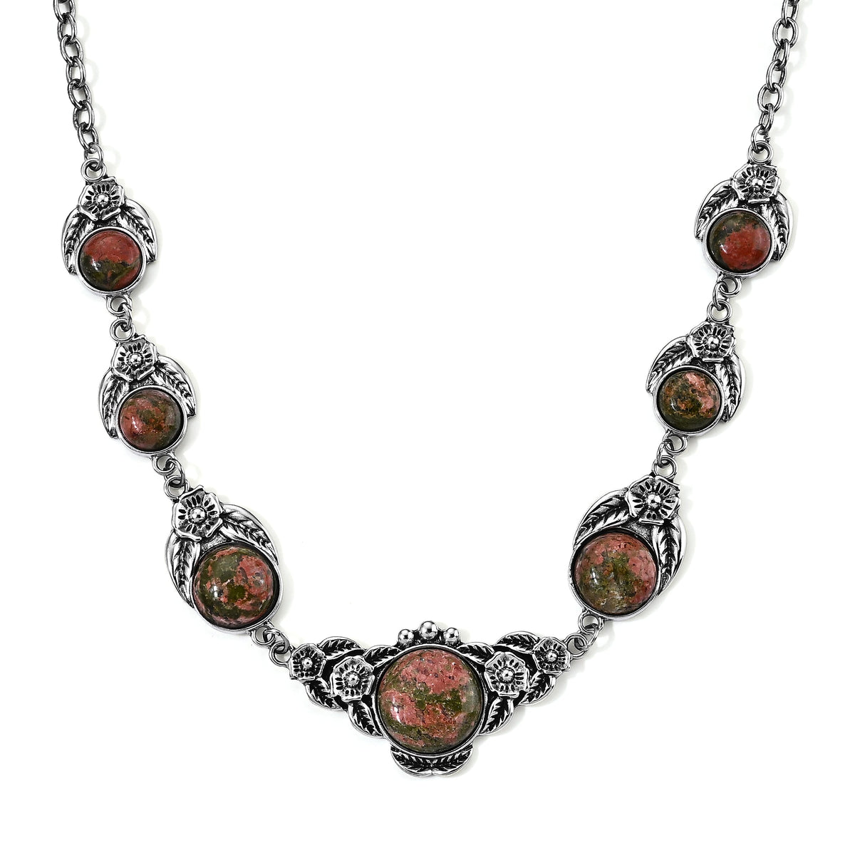Unakite 120.00 ctw Necklace in Silvertone 18-20 Inches
