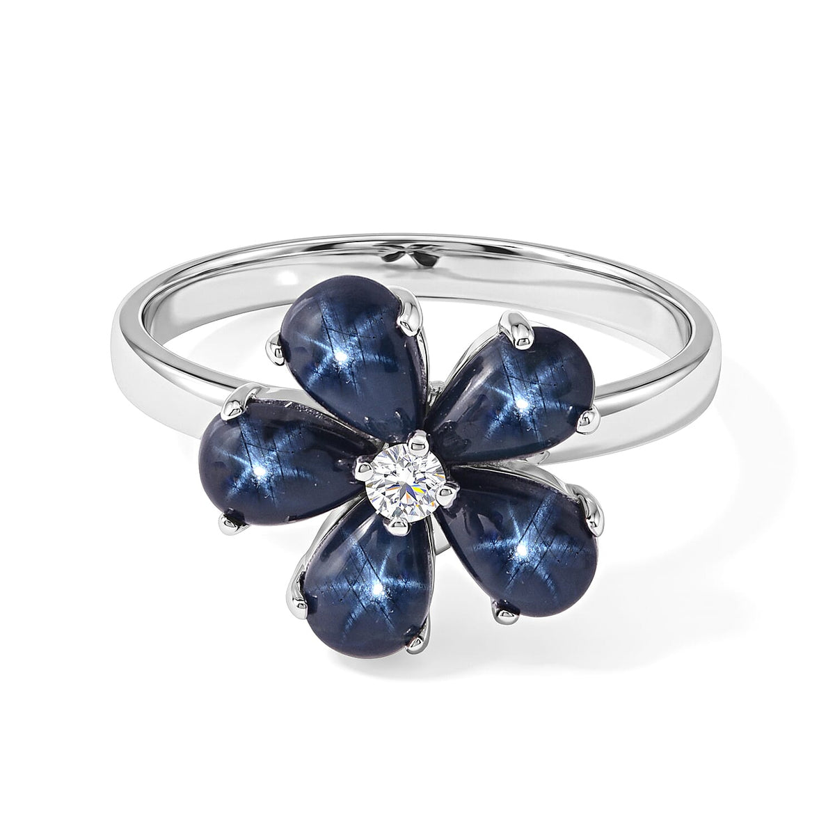 D''Joy Premium Blue Star Sapphire (DF), Moissanite The Celestial Blossom Ring in Rhodium Over Sterling Silver (Size 10.0) 3.10 ctw