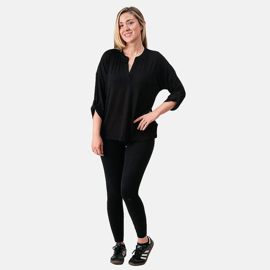 White Lily Black Floral Split NK Roll Tab Sleeve Top - M