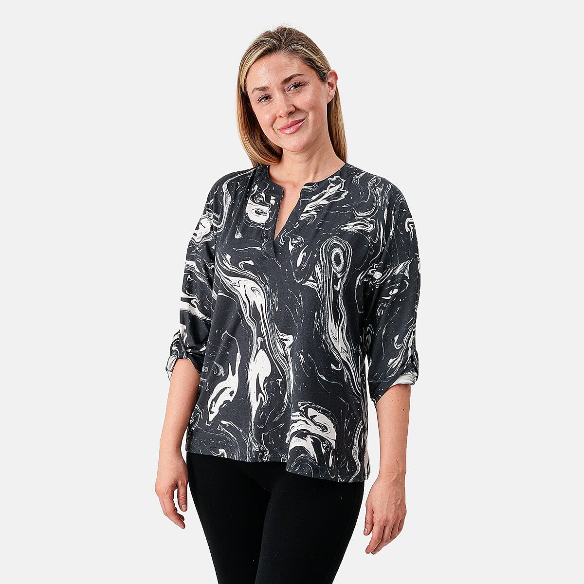 White Lily Black Floral Split NK Roll Tab Sleeve Top - M