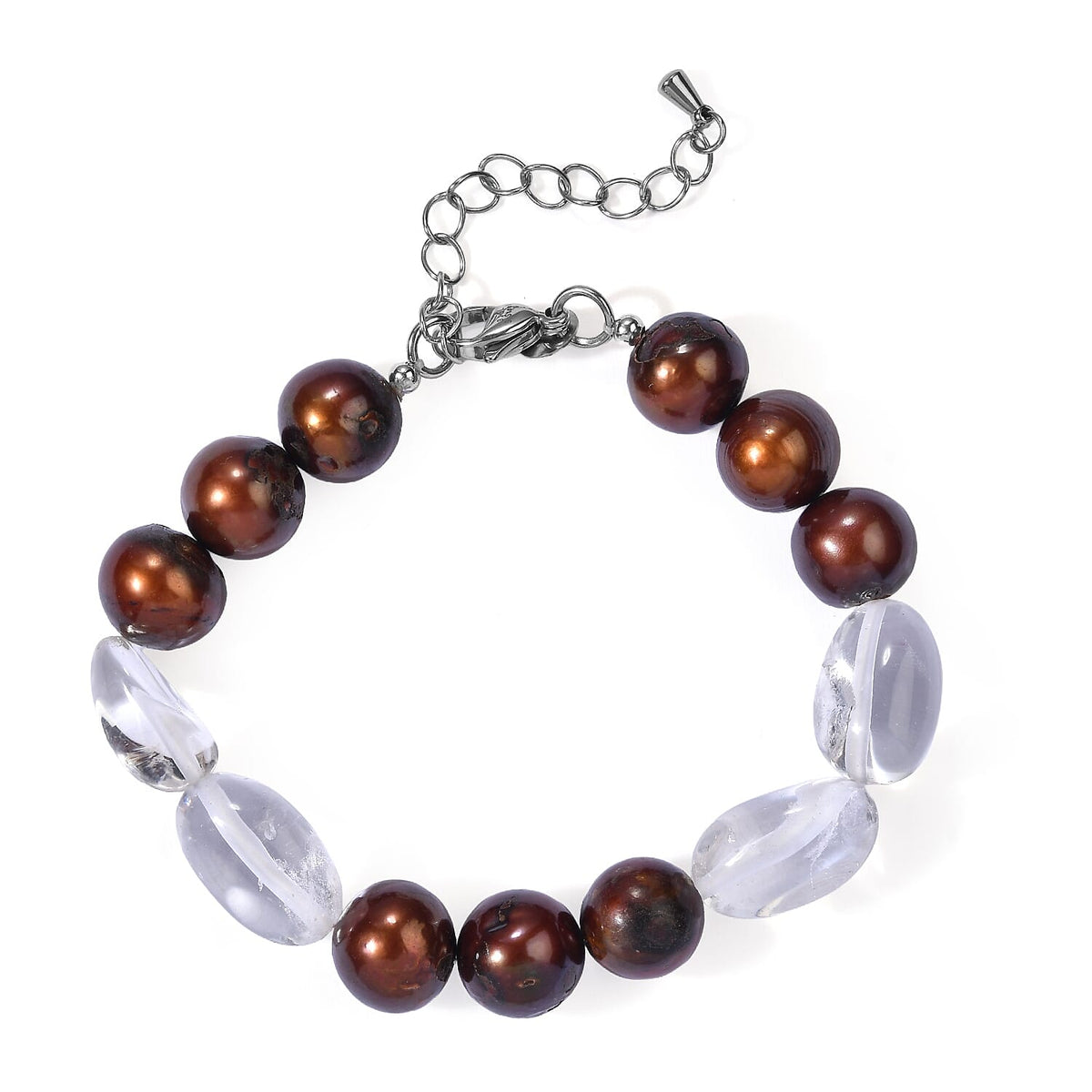 EverTrue Brown Pearl (D) and White Crystal Quartz 35.00 ctw Bracelet in Stainless Steel (7.25-9.25In)