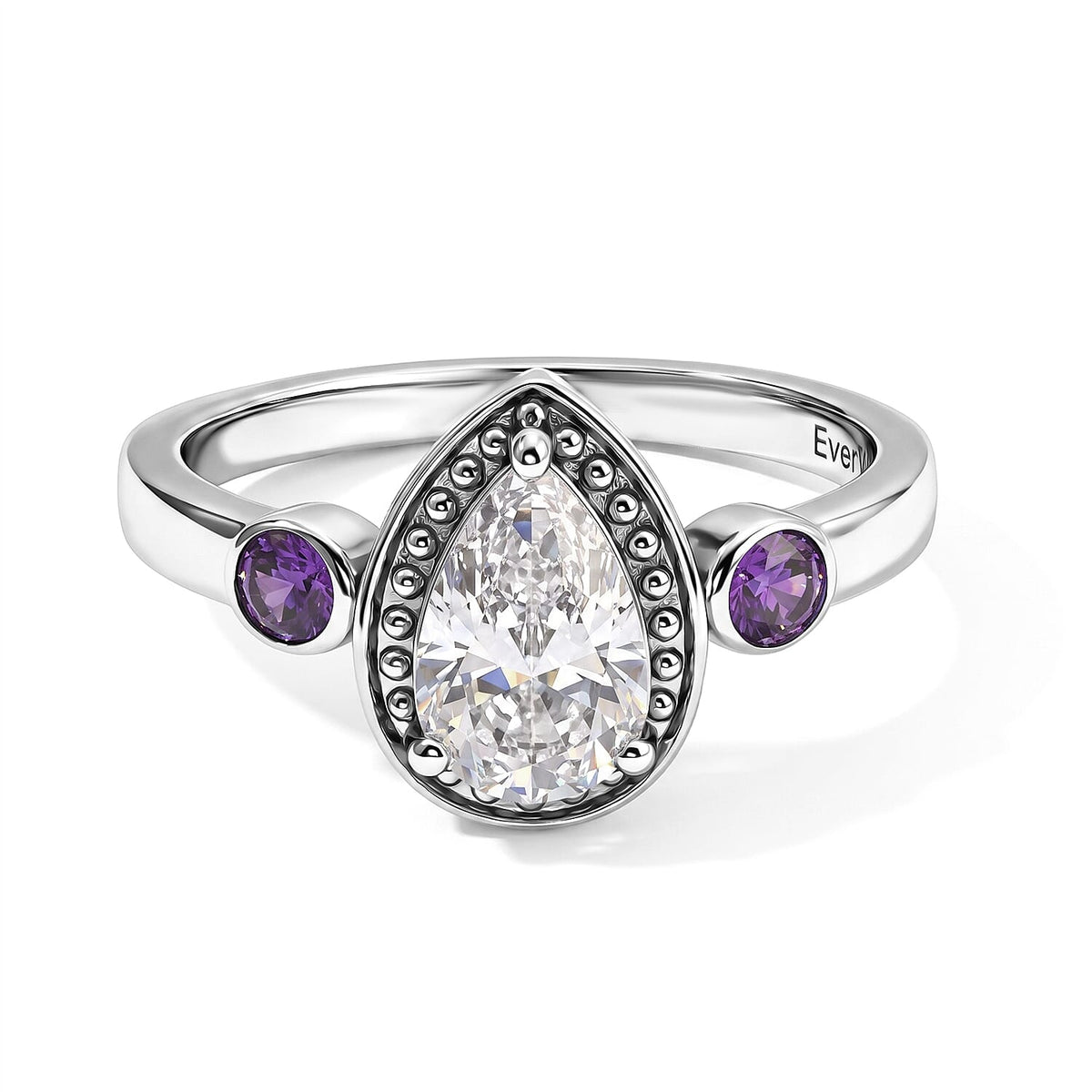 EverTrue Simulated White and Amethyst Color Diamond Halo of Elegance Ring in Stainless Steel (Size 10.0)