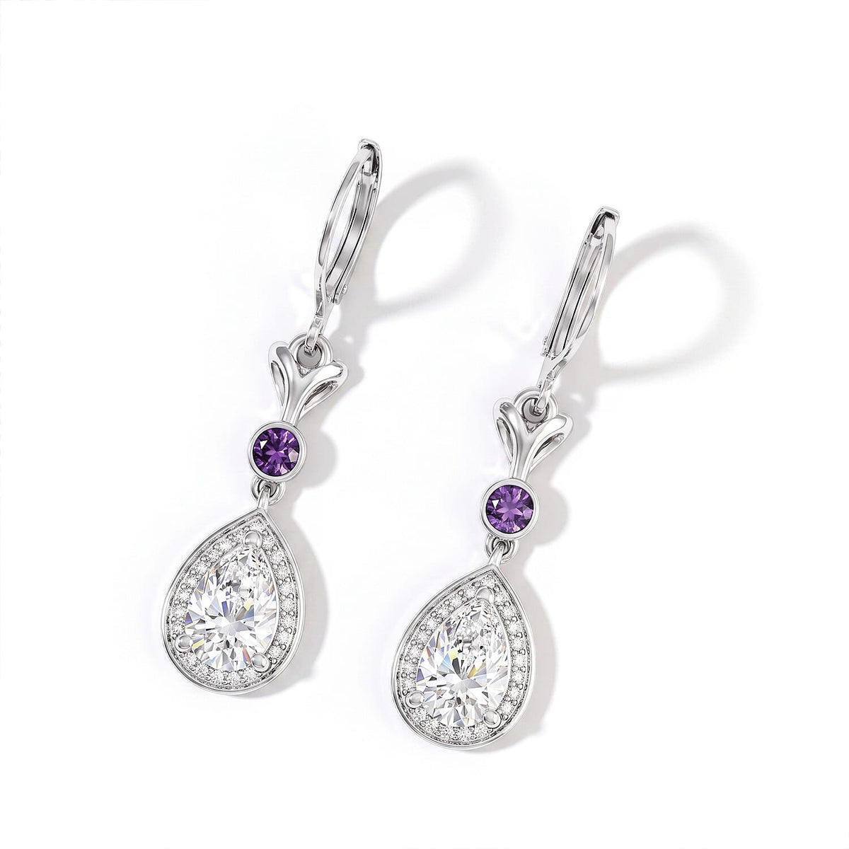 EverTrue Simulated White and Amethyst Color Diamond Lever Back Earrings in Stainless Steel