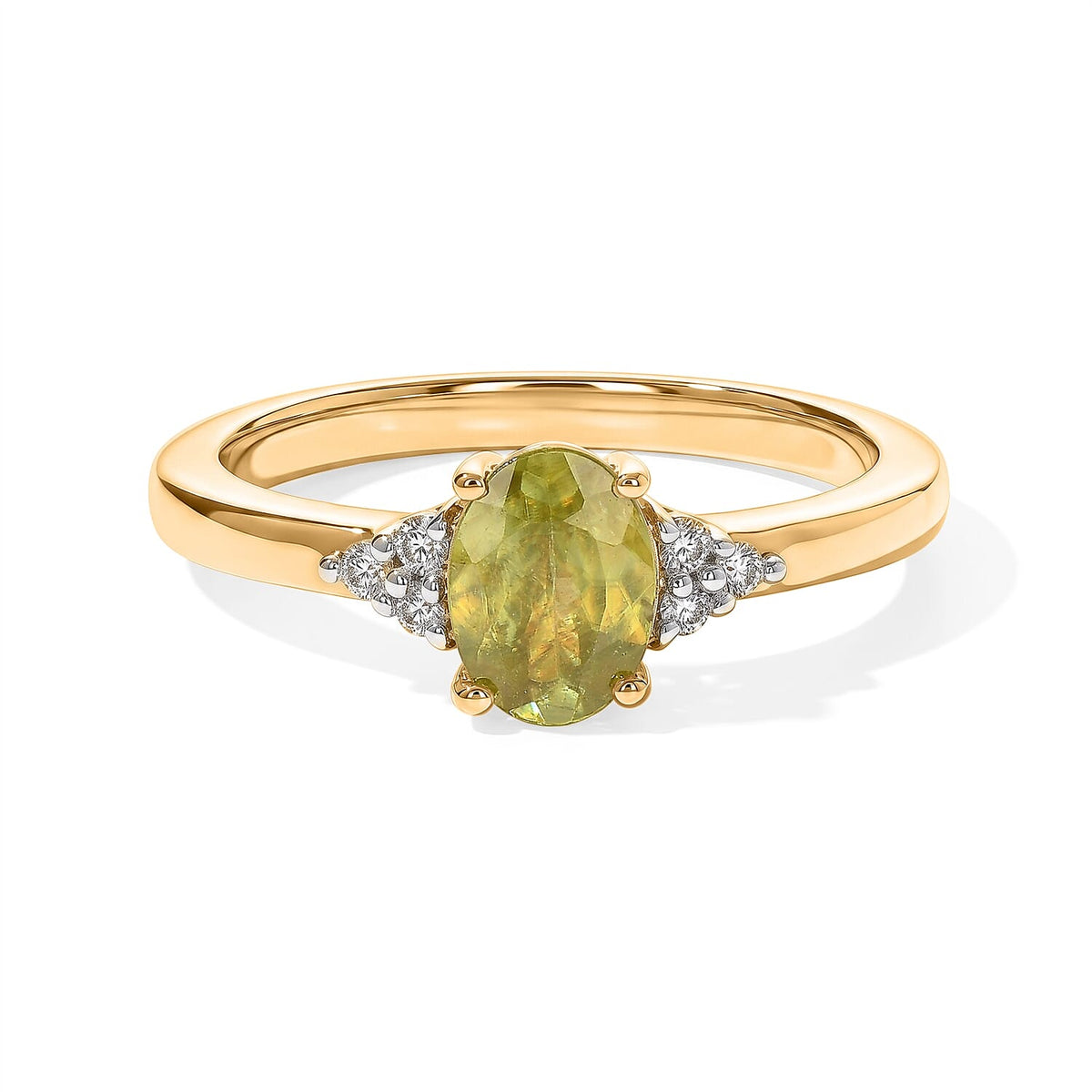 Premium Green Sphene and Luxuriant Lab Grown Diamond G-H SI 1.20 ctw Ring in 18K Vermeil Yellow Gold Over Sterling Silver (Size 7.0)
