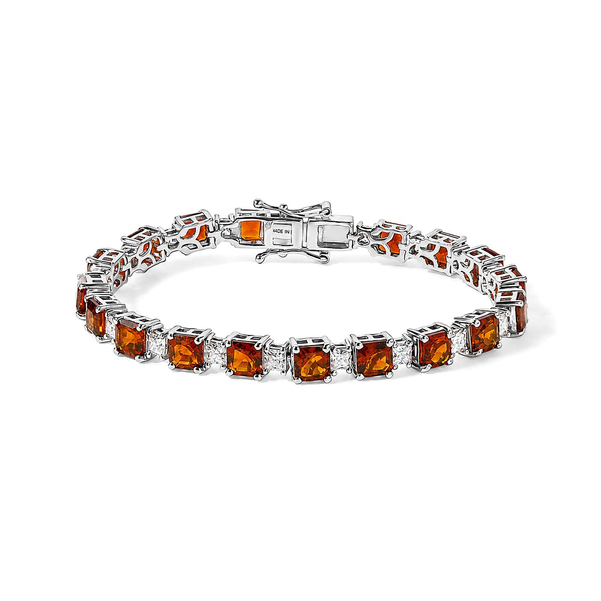 D''Joy Premium Asscher Cut Red Citrine and Moissanite 16.25 ctw Bracelet in Rhodium Over Sterling Silver (7.25 In)