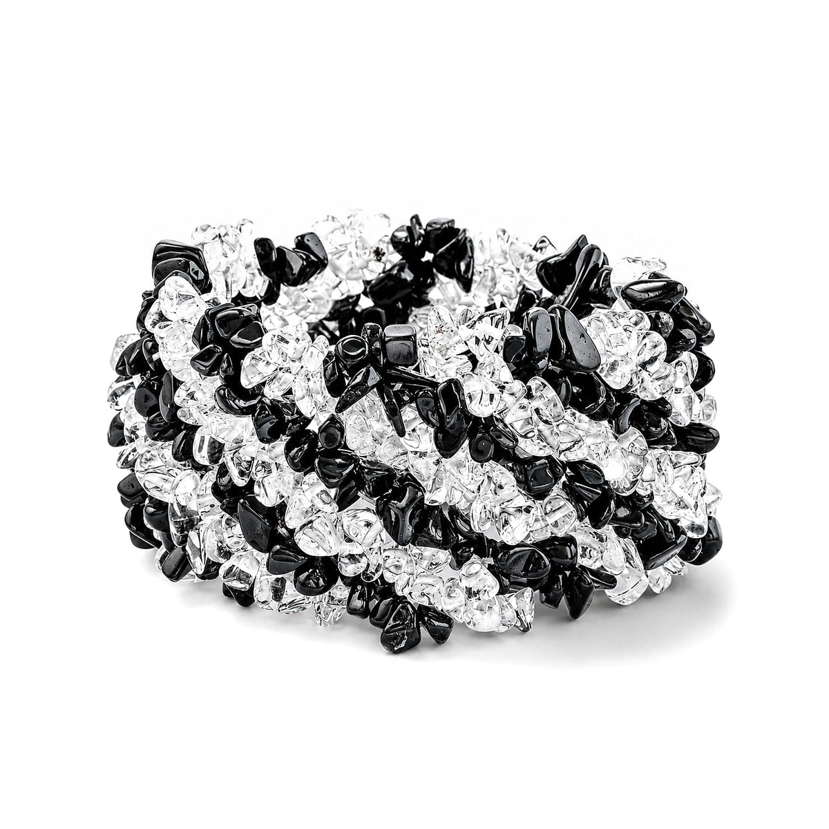 Black Agate and Clear Quartz 396.10 ctw Chips Stretch Bracelet (6.0-8.0In)