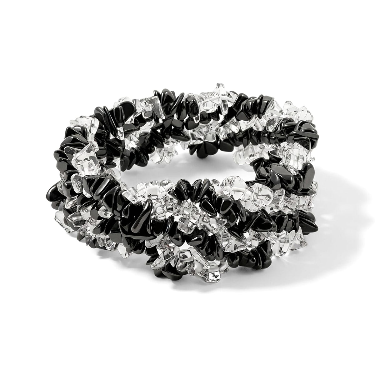 Black Agate and Clear Quartz 189.76 ctw Chips Stretch Bracelet (6.0-8.0In)