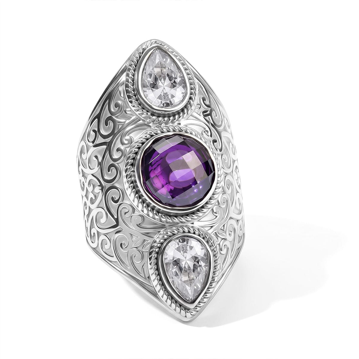 EverTrue Simulated Amethyst Color and White Diamond Ring in Stainless Steel (Size 10.0)