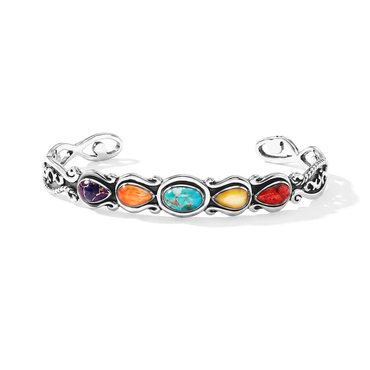 Santa Fe Style Multi Gemstone Cuff Bracelet in Sterling Silver (7.00 In) 1.25 ctw