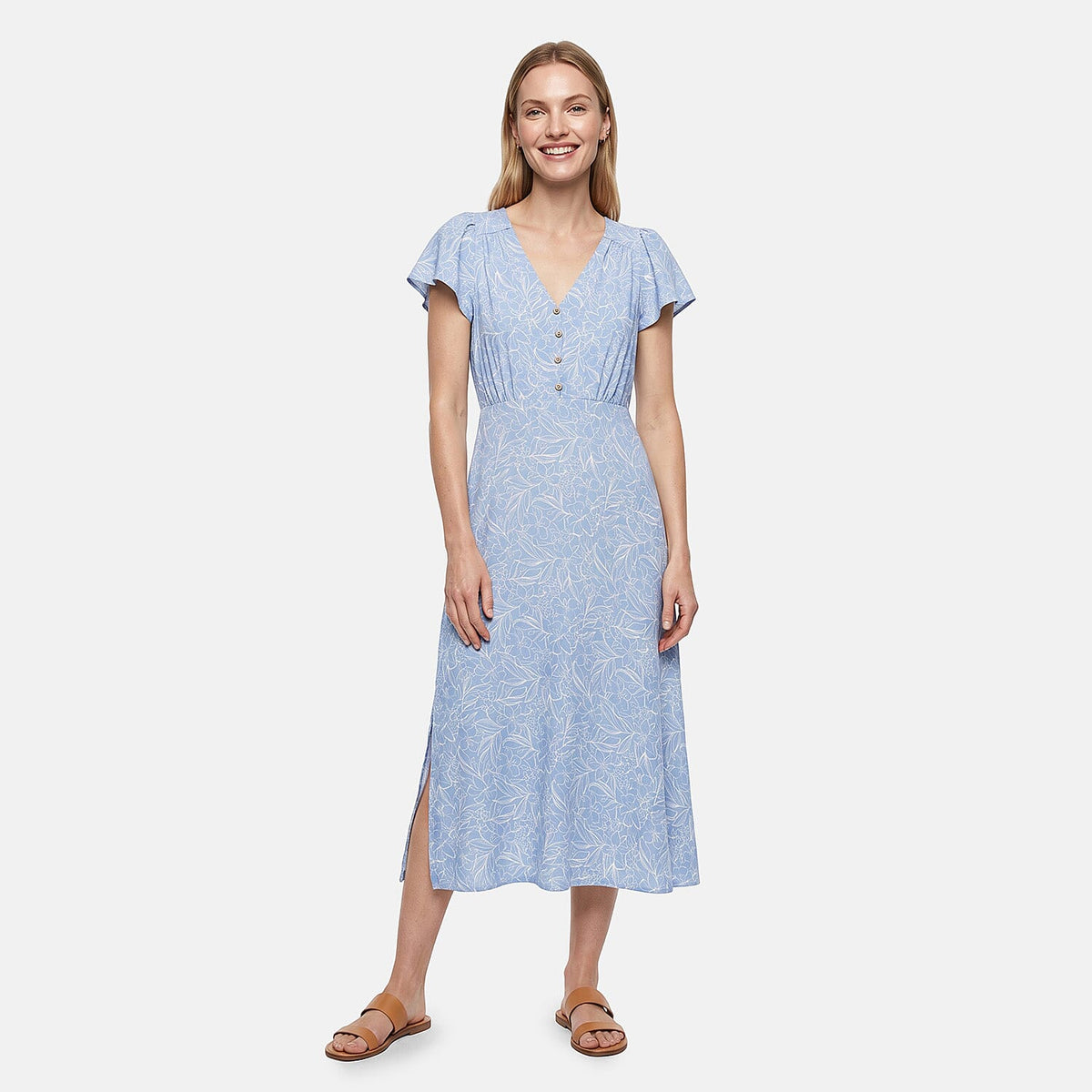 Linen and Limes Chambray Print Front Midi Dress Missy - S