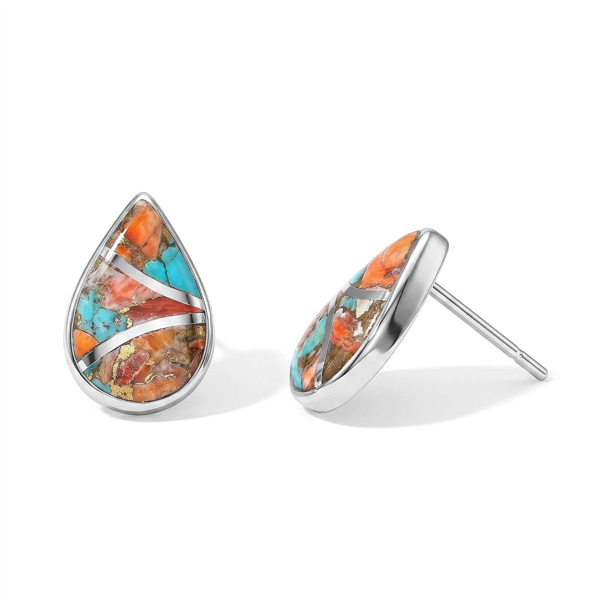 Santa Fe Style Spiny Turquoise Teardrop Studs Earrings in Sterling Silver 1.55 ctw