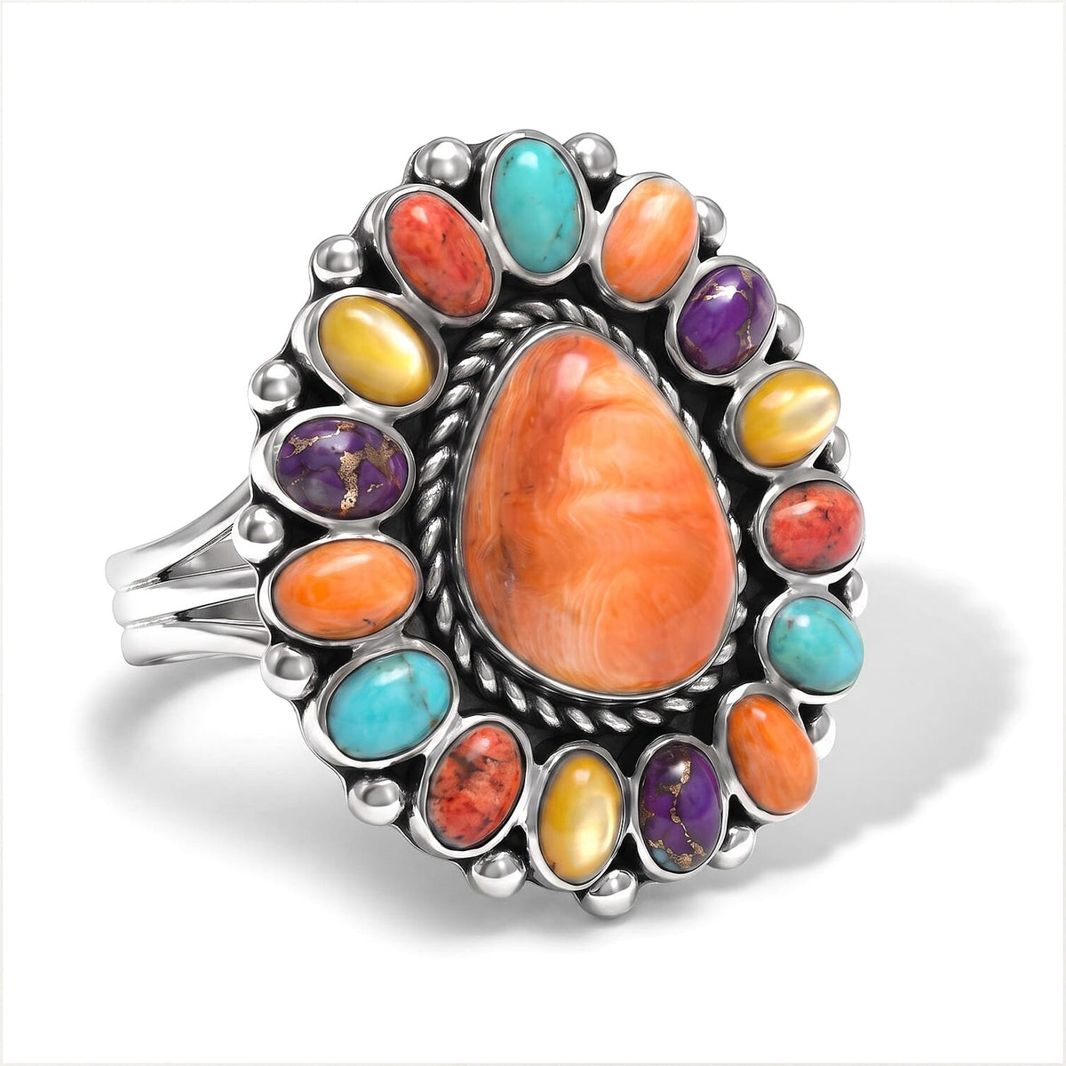 Santa Fe Style Orange Spiny Oyster Shell, Multi Gemstone Ring in Sterling Silver (Size 6.0) 0.45 ctw