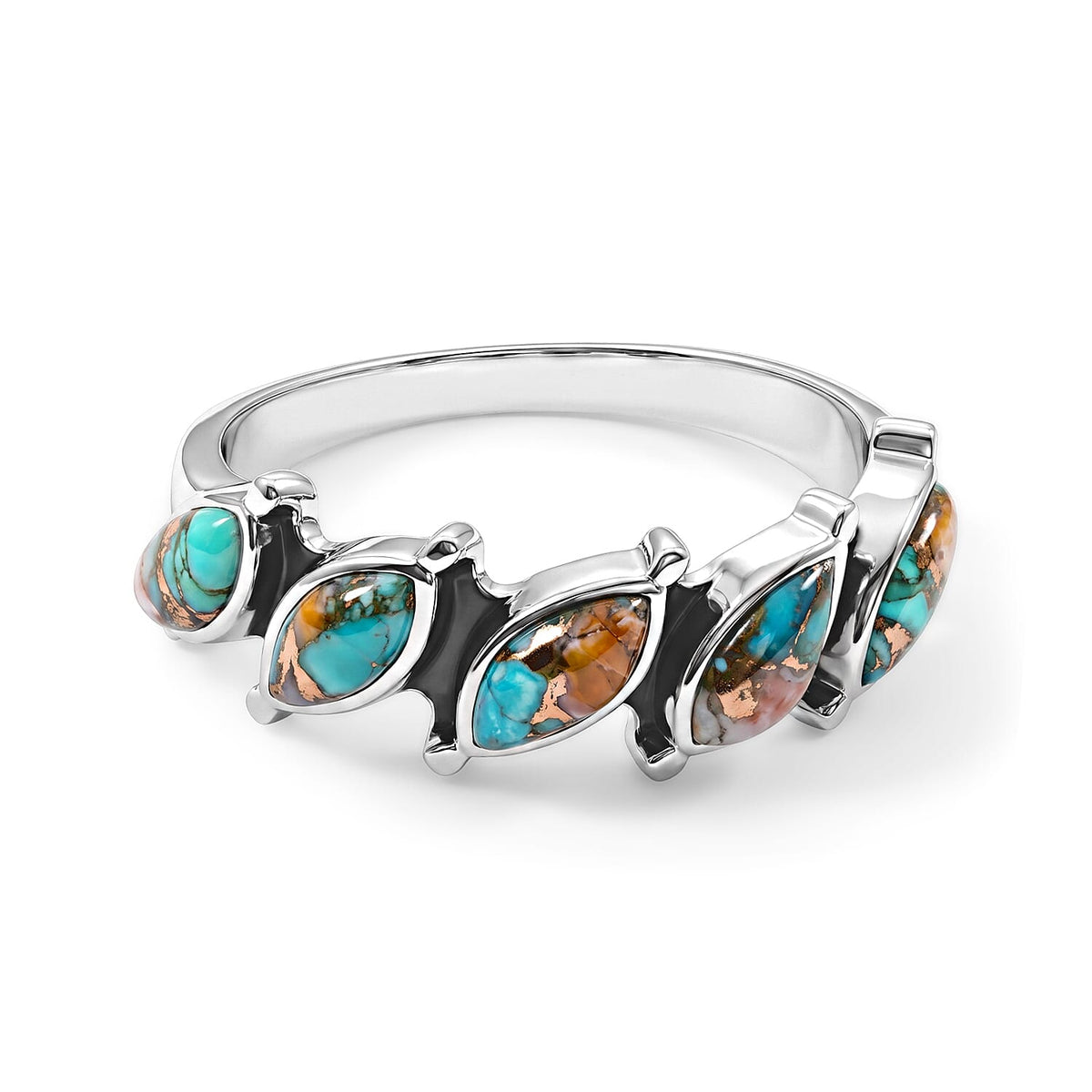 Santa Fe Style Spiny Turquoise Marquis Half Band Ring in Sterling Silver (Size 10.0) 1.50 ctw