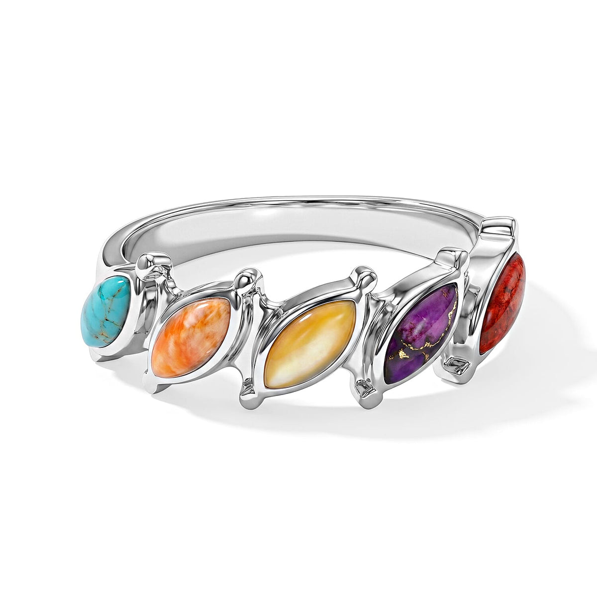 Santa Fe Style Spiny Turquoise Marquis Half Band Ring in Sterling Silver (Size 10.0) 1.50 ctw