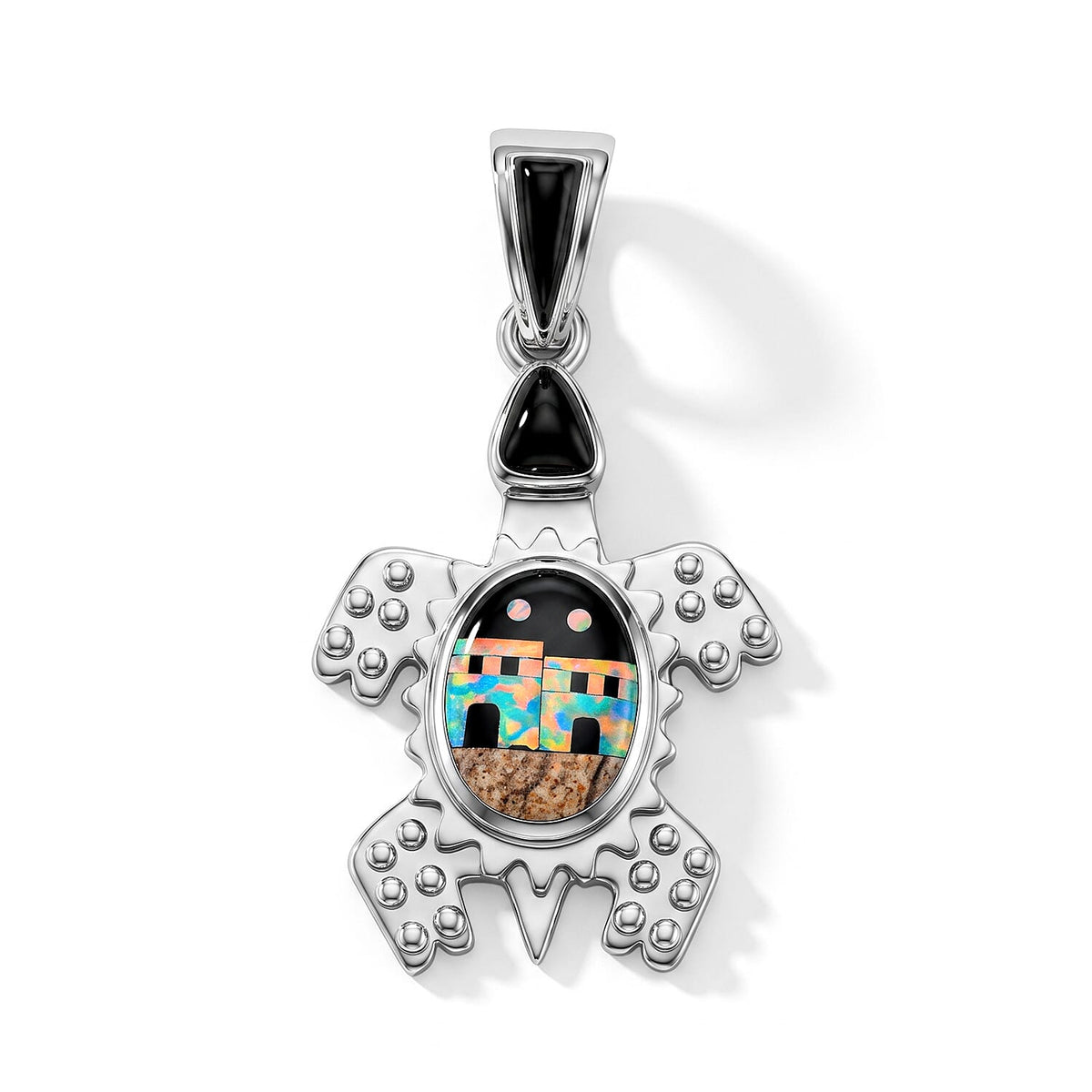 Santa Fe Style Black Onyx, Multi Gemstone Turtle Red Pueblo Pendant Without Chain in Sterling Silver 0.20 ctw