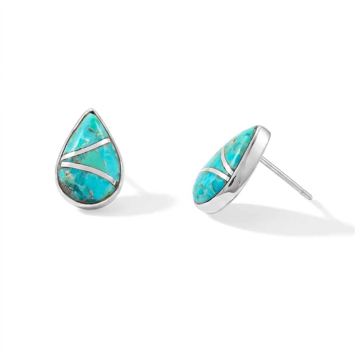 Santa Fe Style Spiny Turquoise Teardrop Studs Earrings in Sterling Silver 1.55 ctw