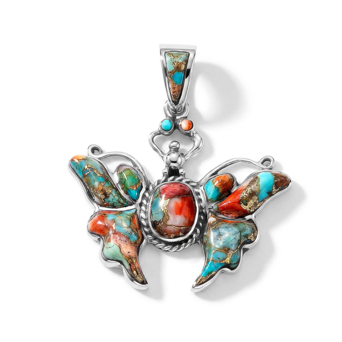 Santa Fe Style Spiny Turquoise Butterfly Pendant without Chain in Sterling Silver 0.60 ctw