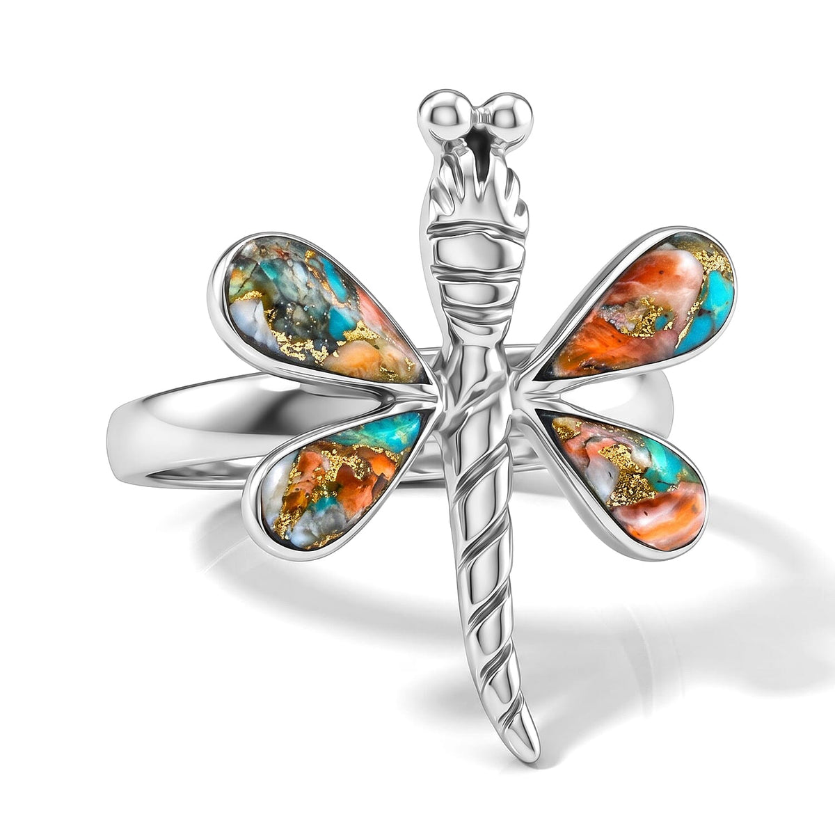 Santa Fe Style Spiny Turquoise Dragonfly Ring in Sterling Silver (Size 10.0) 0.30 ctw