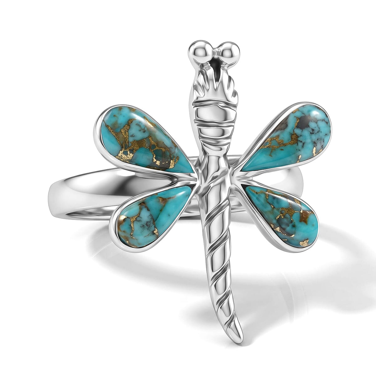 Santa Fe Style Spiny Turquoise Dragonfly Ring in Sterling Silver (Size 10.0) 0.30 ctw