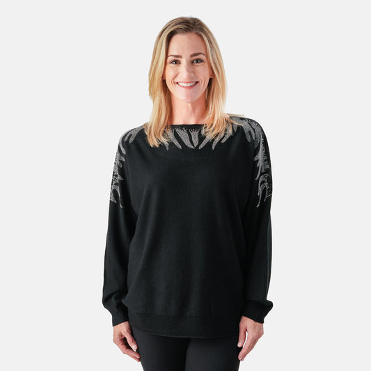 Vertigo Rhinestone Adorned Dolman Sleeve Sweater Black-L