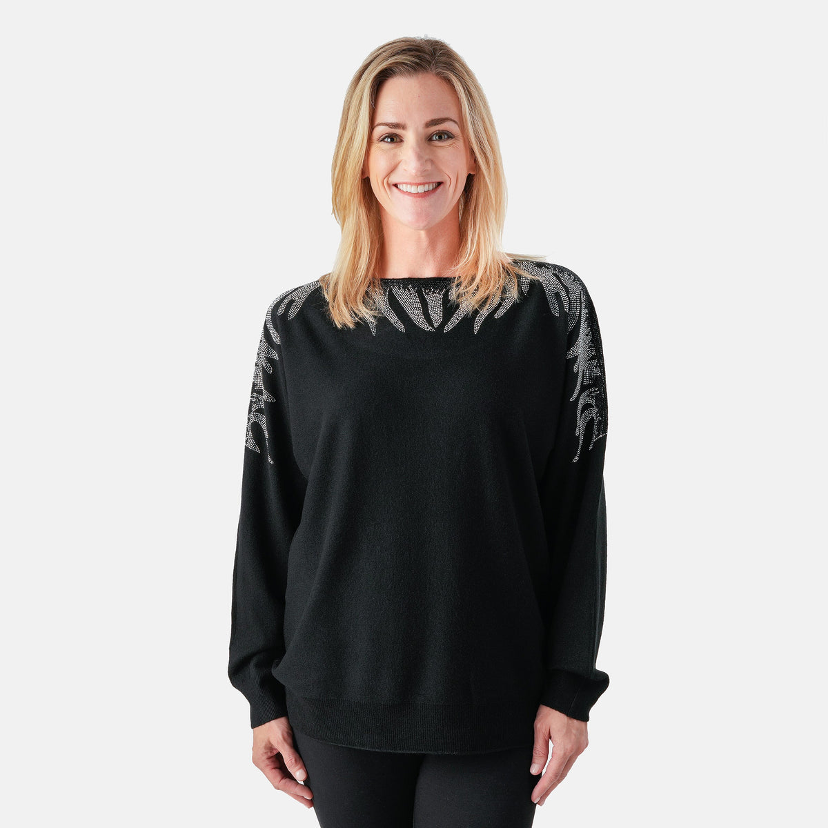 Vertigo Rhinestone Adorned Dolman Sleeve Sweater Black-L