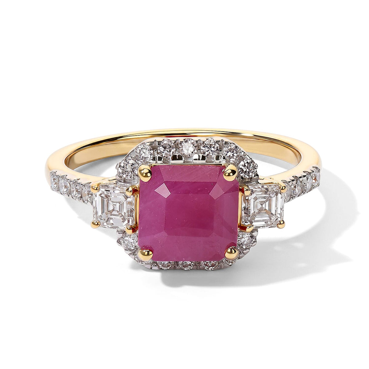 Certified and Appraised 10K Yellow Gold AAA Asscher Cut Royal Ruby, Luxuriant Lab Grown Diamond (G-H, SI) (0.68 cts) Ring (Size 10.0) 3.16 ctw