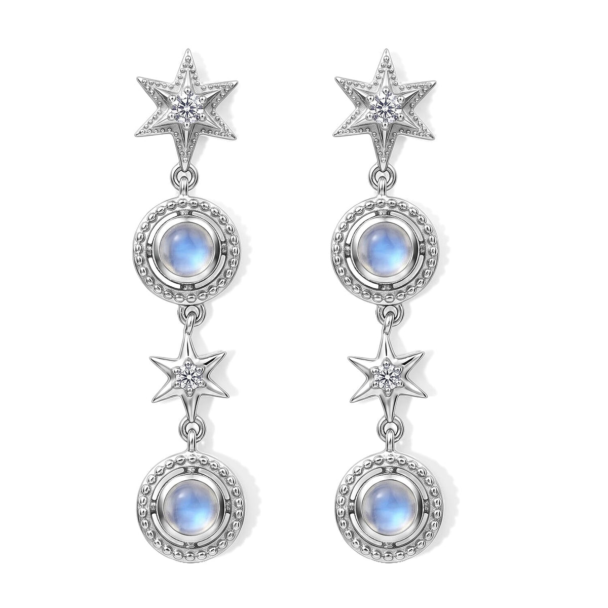 D''Joy Premium Rainbow Moonstone, White Zircon Dangling Earrings in Rhodium Over Sterling Silver 1.85 ctw
