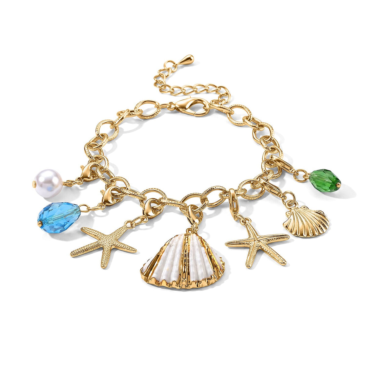 White Shell Pearl, Green Glass and Resin Bracelet in Goldtone (7.50-9.50In)