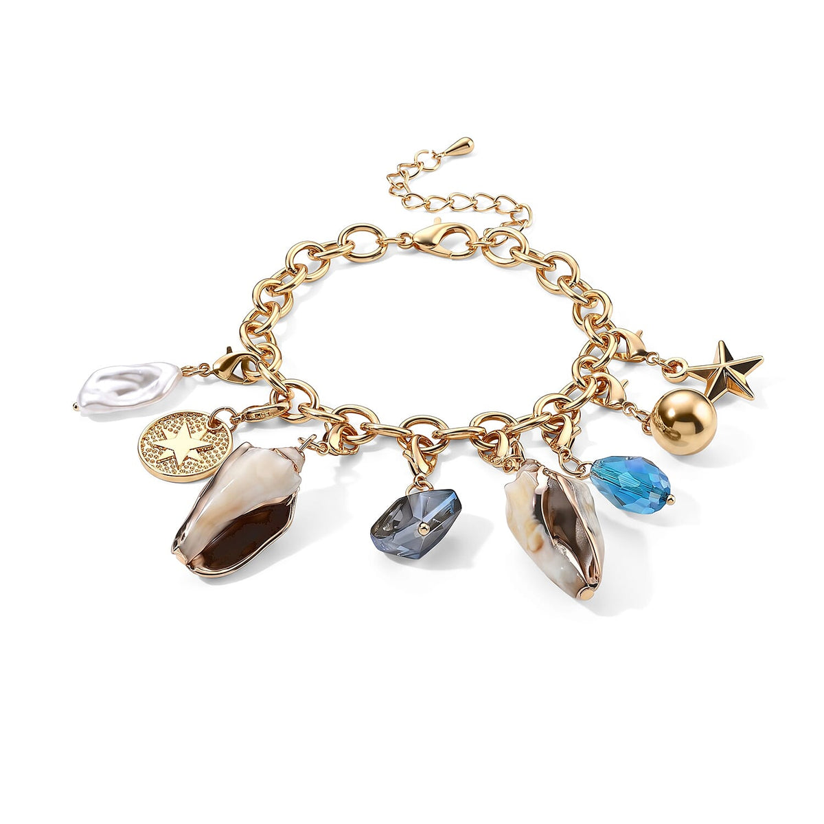 White Shell Pearl, Green Glass and Resin Bracelet in Goldtone (7.50-9.50In)