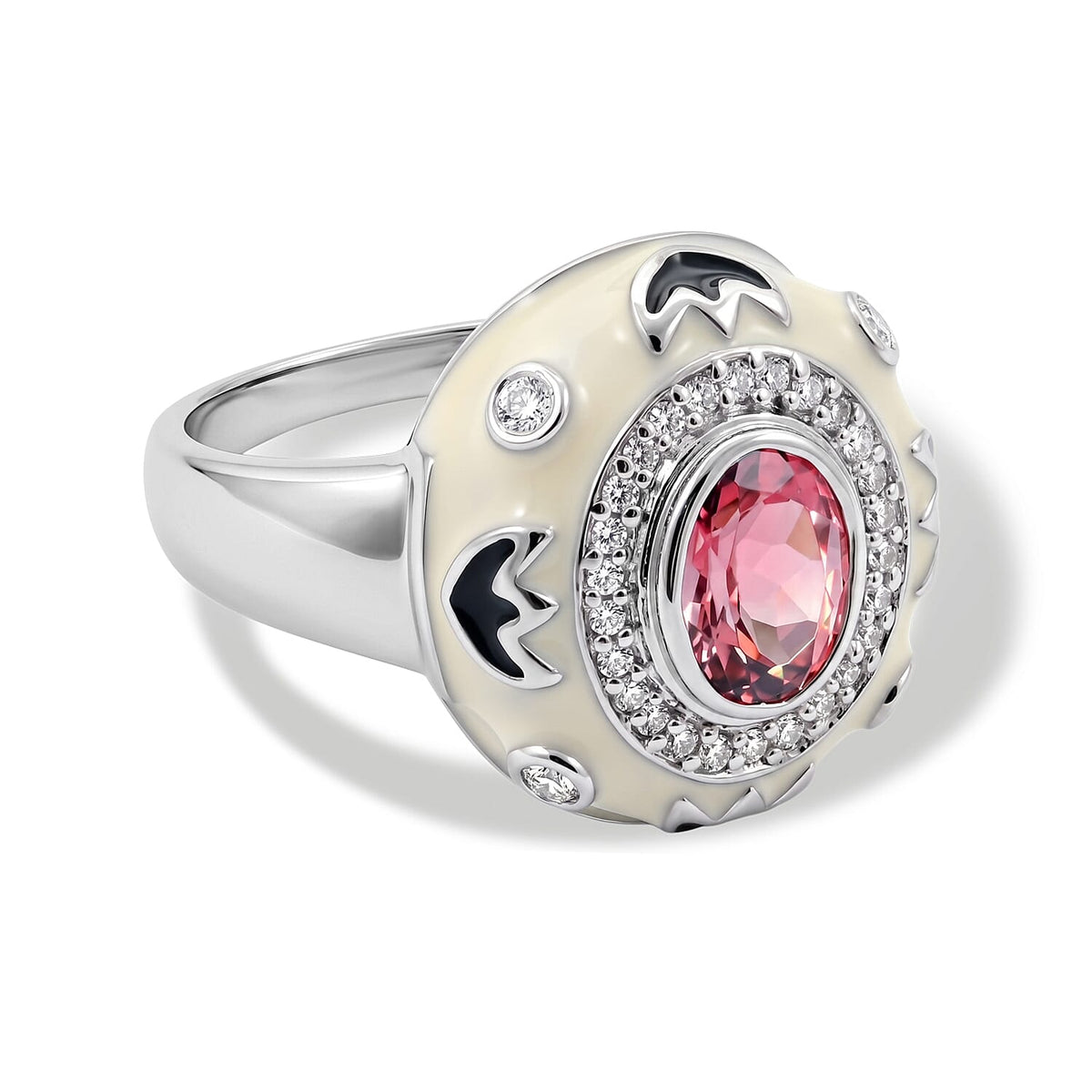 Morro Redondo Pink Tourmaline and Diamond 0.55 ctw White & Black Enamel Ring in Sterling Silver (Size 10.0)
