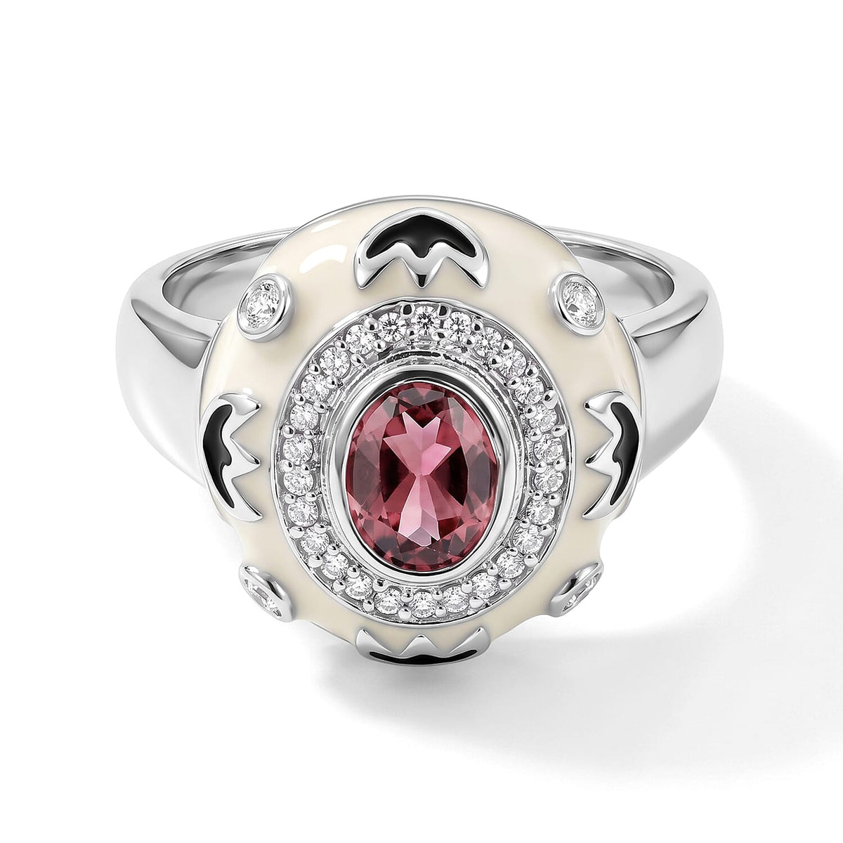 Morro Redondo Pink Tourmaline and Diamond 0.55 ctw White & Black Enamel Ring in Sterling Silver (Size 10.0)